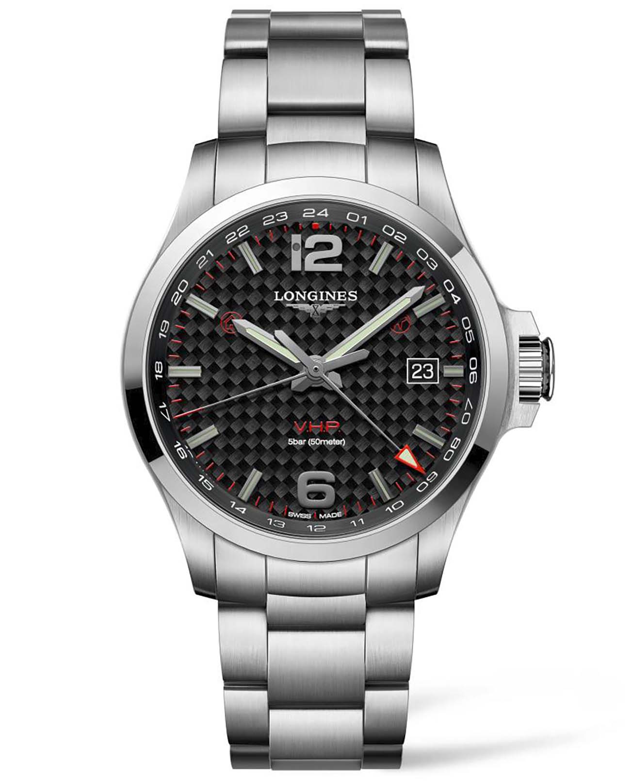 Longines Longines Conquest V.H.P. L3.728.4.66.6  L37284666 кварцевые мужские часы черный циферблат, браслет нержавеющая сталь — вид спереди